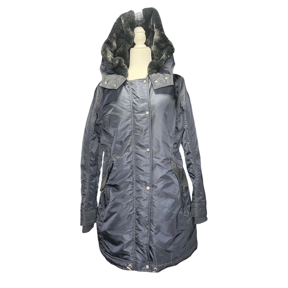 Vtg Abercrombie & Fitch Navy Faux Fur Hooded Parka Jacket Water Resistant L